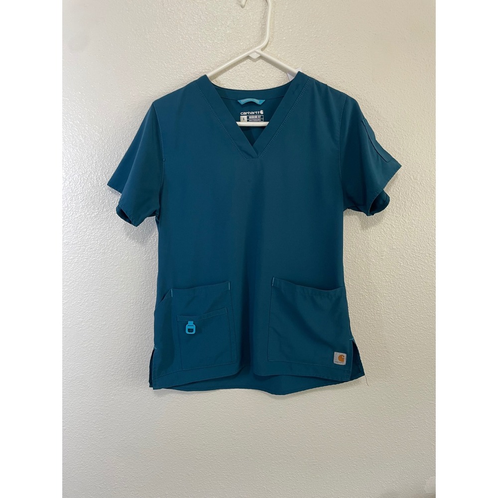 Carhartt Scrub Top‎ Women Small Teal Blue Excellent Force Modern V-Neck C12110